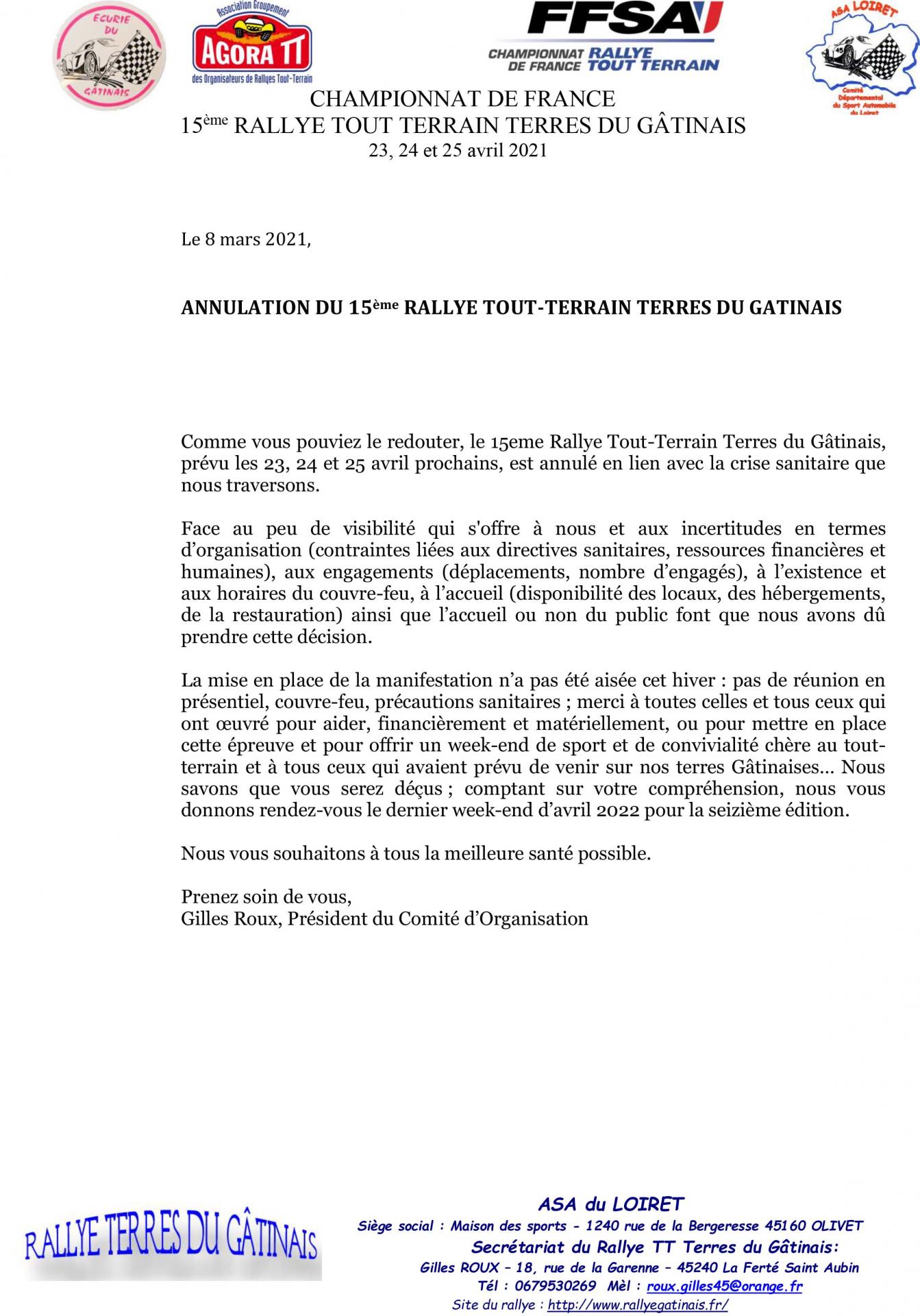 Communique annulation rtt terres du gatinais 2021