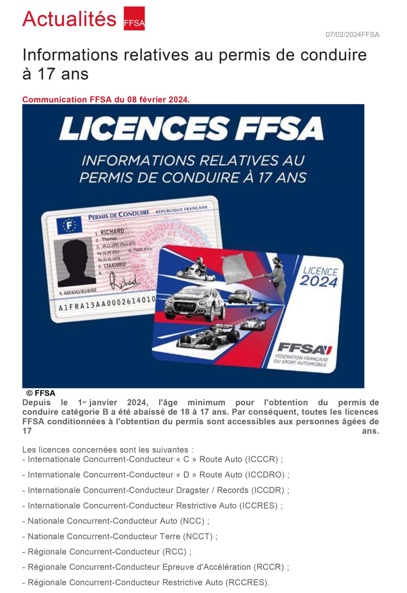 Informations relatives au permis de conduire a 17 ans communication ffsa du 08 fevrier 2024 1